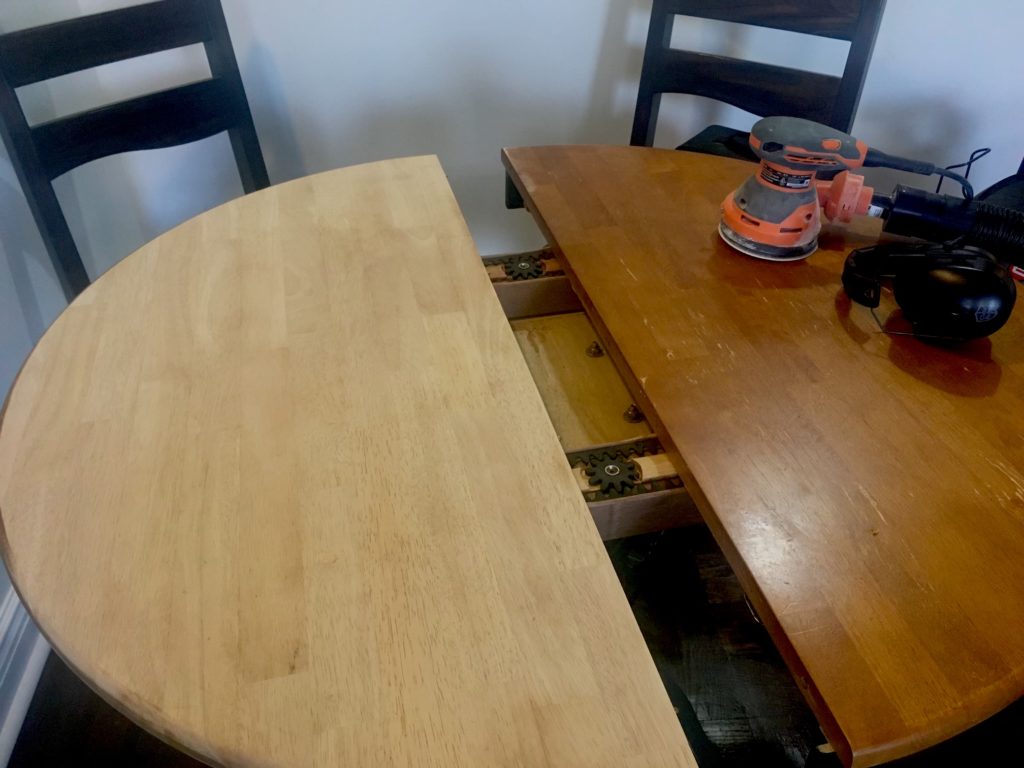 pedestal table being refinished